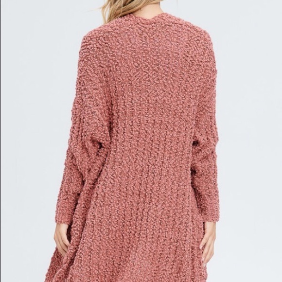 SOLD OUT Soft Mauve Knit Textured Popcorn Long Cardigan Sweater W/ Pockets - Picture 4 of 4